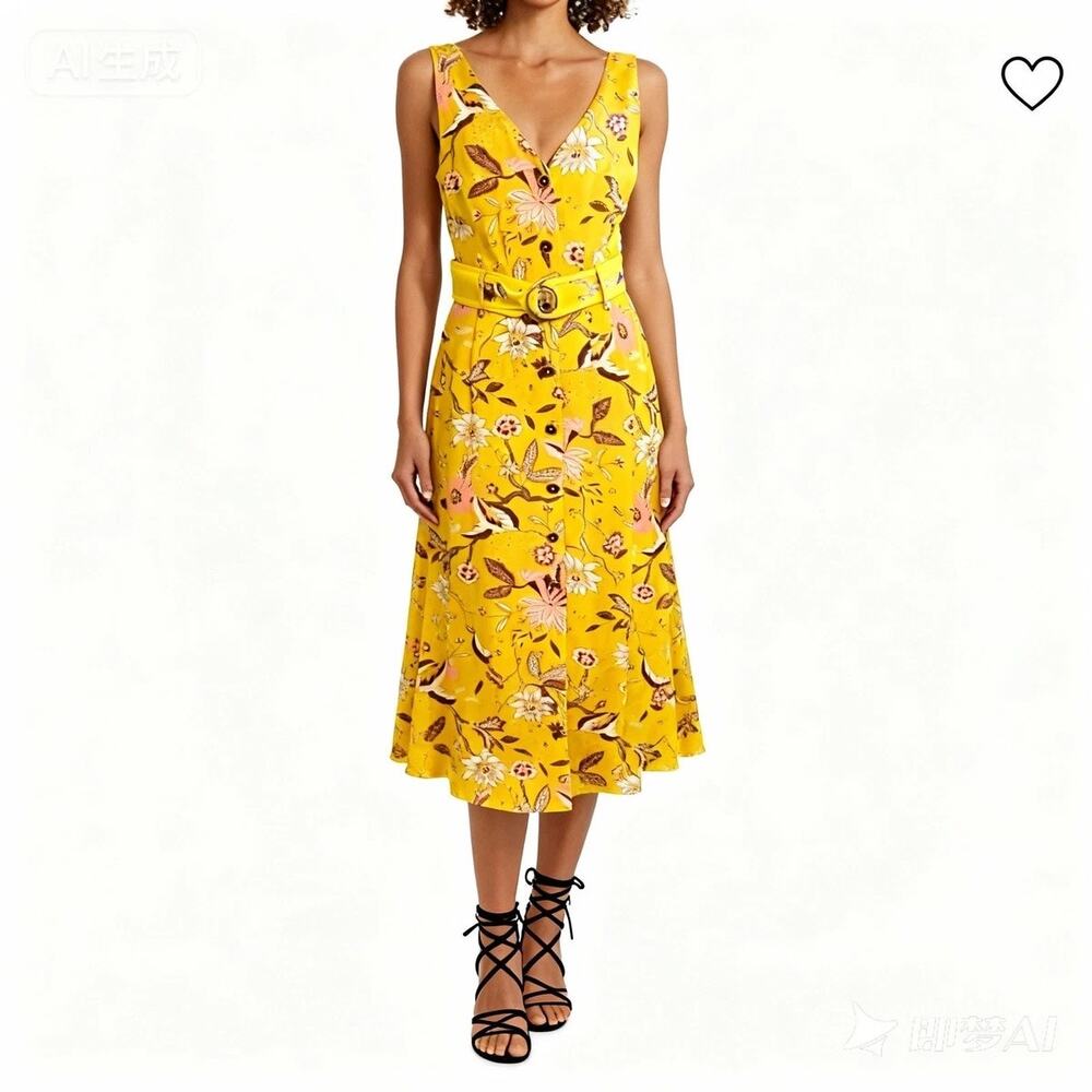 [Karen Millen] Yellow Floral Print Button Front V-Neck Belted Midi Dress Size 8